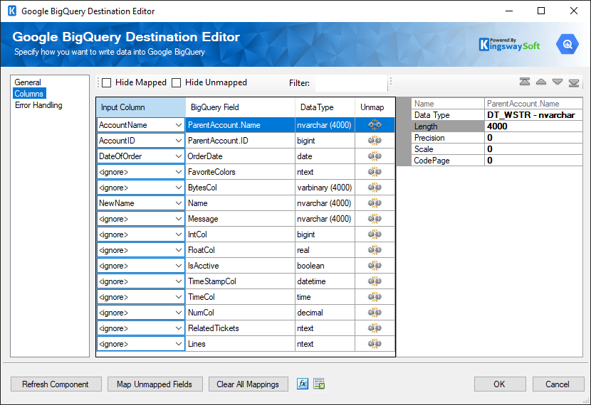 SSIS Google BigQuery Destination - columns